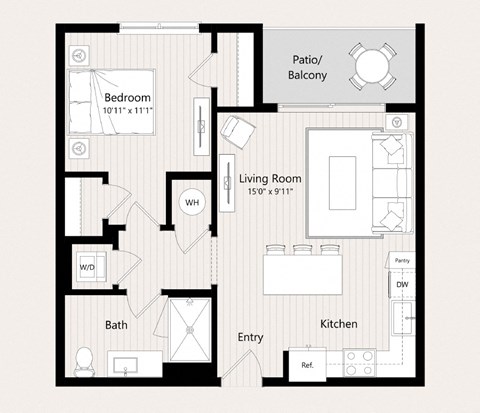 Floor plan for 1 bed, 1 bath, 675 sqft